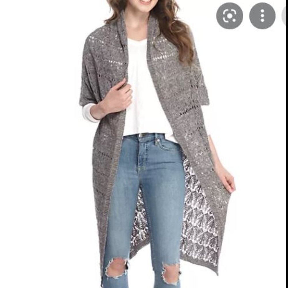 True Craft Long Crochet Open Front Duster Sweater in gray; Small
